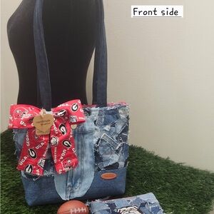 Denim Crossbody Bag with Red Accents